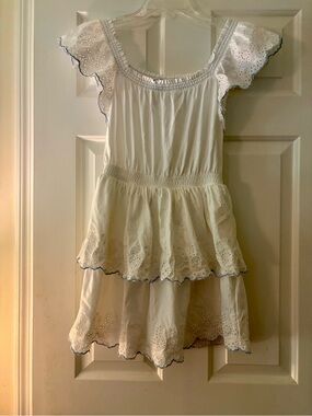 EUC Ralph Lauren Polo Girls White Eyelet Ruffle Dress With Blue Trim Med 8-10
